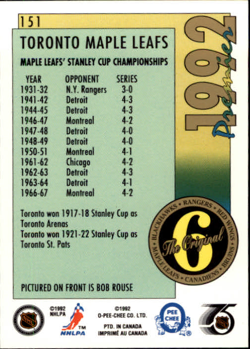 1991-92 OPC Premier #151 Bob Rouse ORIG6 back image