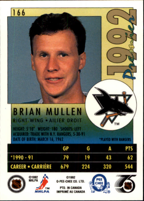 1991-92 OPC Premier #166 Brian Mullen back image