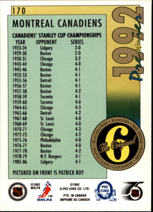 1991-92 OPC Premier #170 Patrick Roy ORIG6 back image