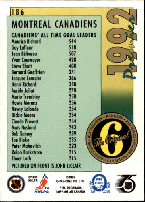 1991-92 OPC Premier #186 John LeClair ORIG6 back image
