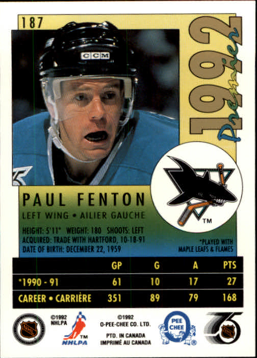 1991-92 OPC Premier #187 Paul Fenton back image