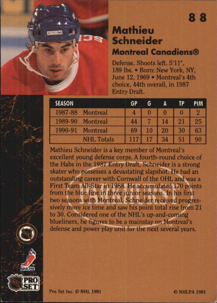 1991-92 Parkhurst #88 Mathieu Schneider back image