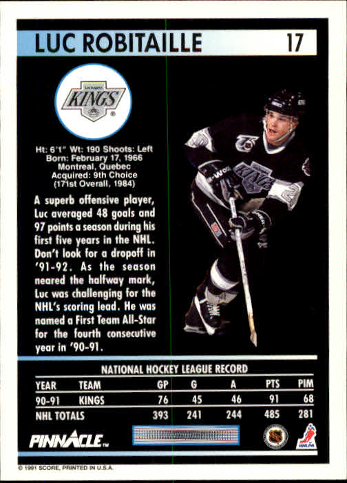 1991-92 Pinnacle #17 Luc Robitaille back image