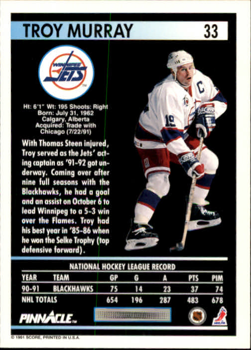 1991-92 Pinnacle #33 Troy Murray back image