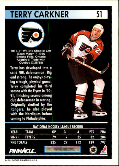 1991-92 Pinnacle #51 Terry Carkner back image