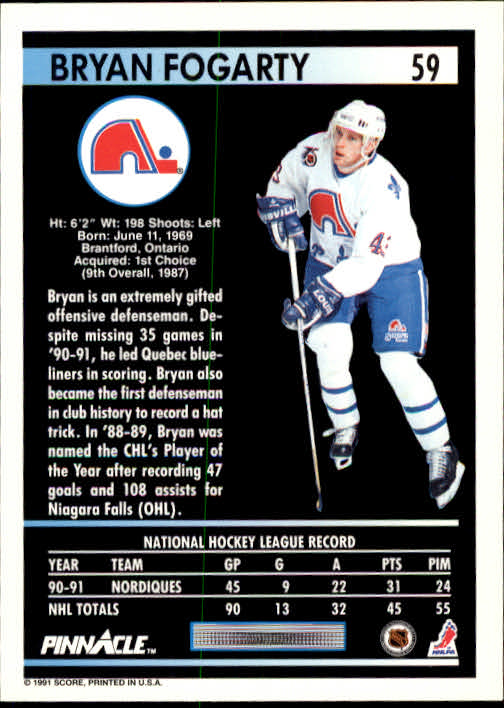 1991-92 Pinnacle #59 Bryan Fogarty back image