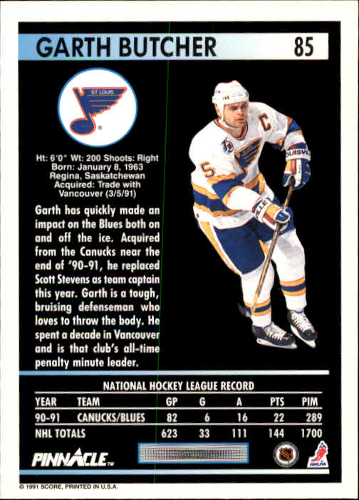 1991-92 Pinnacle #85 Garth Butcher back image