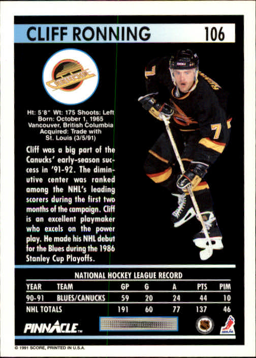 1991-92 Pinnacle #106 Cliff Ronning back image