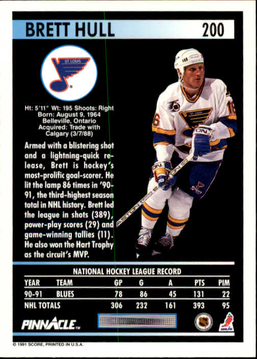 1991-92 Pinnacle #200 Brett Hull back image