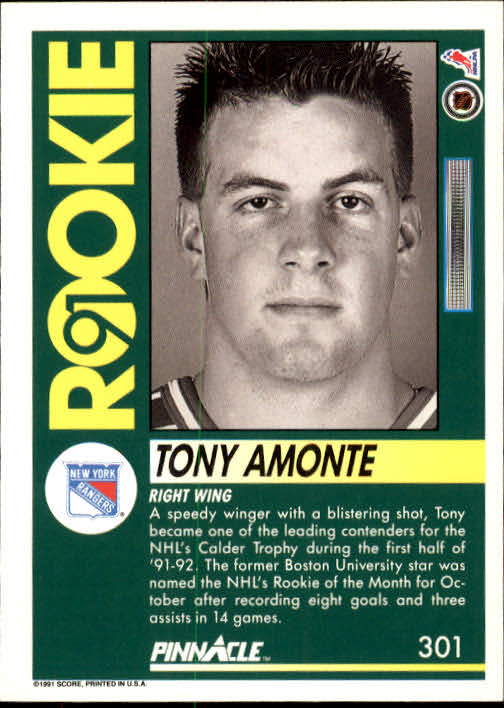 1991-92 Pinnacle #301 Tony Amonte RC back image