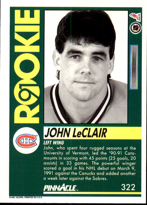 1991-92 Pinnacle #322 John LeClair RC back image