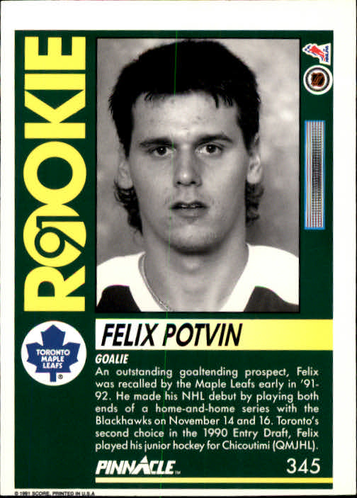 1991-92 Pinnacle #345 Felix Potvin back image