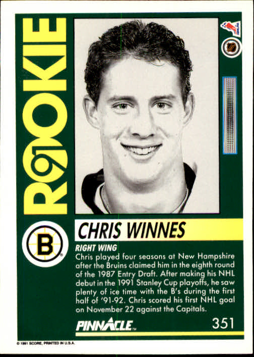 1991-92 Pinnacle #351 Chris Winnes RC back image