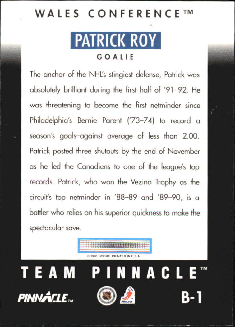 1991-92 Pinnacle B #B1 Patrick Roy back image