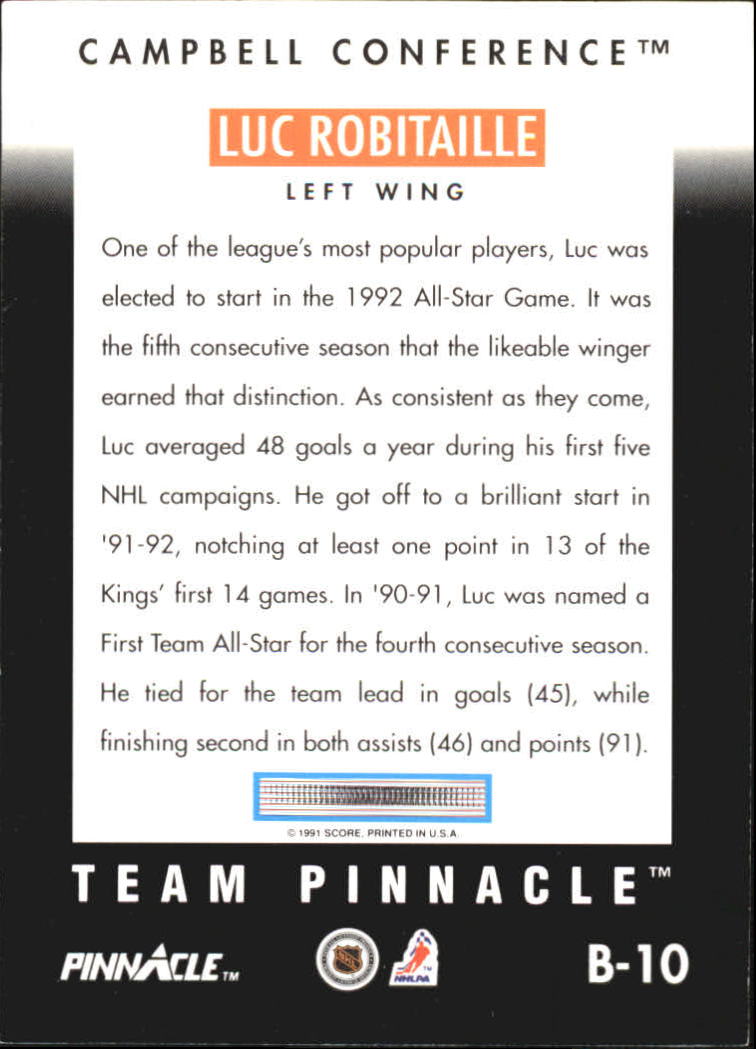 1991-92 Pinnacle B #B10 Luc Robitaille back image