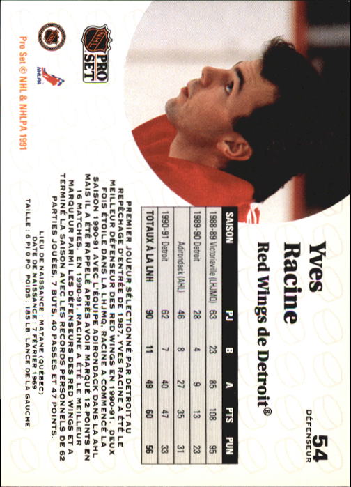 1991-92 Pro Set #54 Yves Racine back image