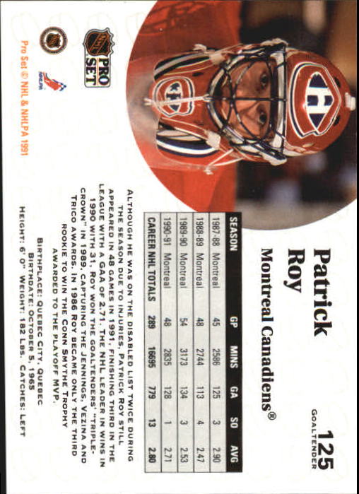 1991-92 Pro Set #125 Patrick Roy back image