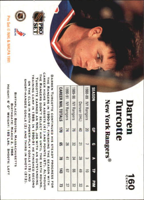 1991-92 Pro Set #160 Darren Turcotte back image