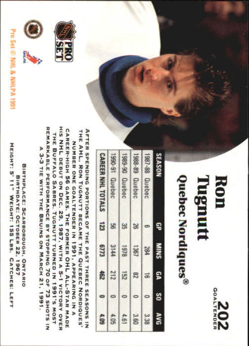 1991-92 Pro Set #202 Ron Tugnutt back image