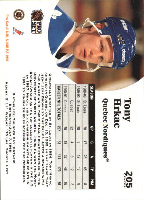 1991-92 Pro Set #205 Tony Hrkac back image
