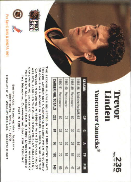 1991-92 Pro Set #236 Trevor Linden back image
