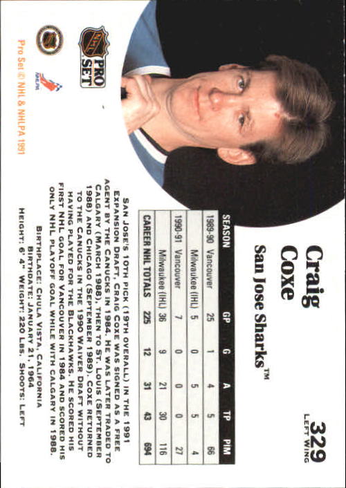 1991-92 Pro Set #329 Craig Coxe back image