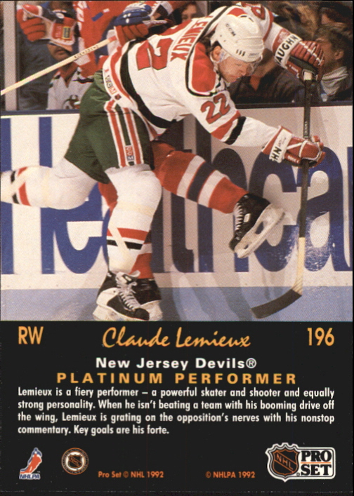 1991-92 Pro Set Platinum #196 Claude Lemieux back image