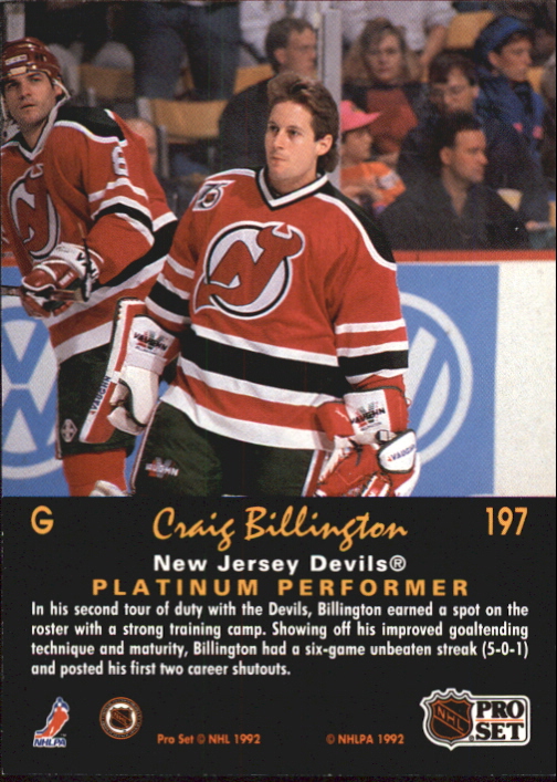 1991-92 Pro Set Platinum #197 Craig Billington RC back image