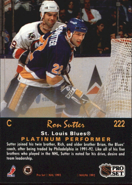 1991-92 Pro Set Platinum #222 Ron Sutter back image