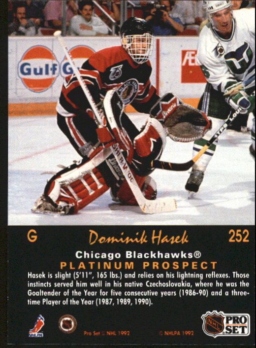 1991-92 Pro Set Platinum #252 Dominik Hasek RC back image