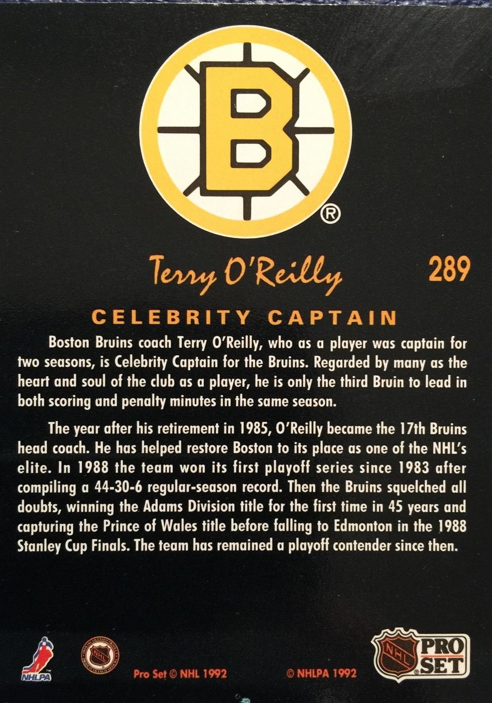 1991-92 Pro Set Platinum #289 Terry O'Reilly CAP back image