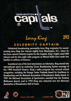 1991-92 Pro Set Platinum #292 Larry King CAP back image