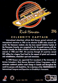 1991-92 Pro Set Platinum #296 Rick Hansen CAP back image
