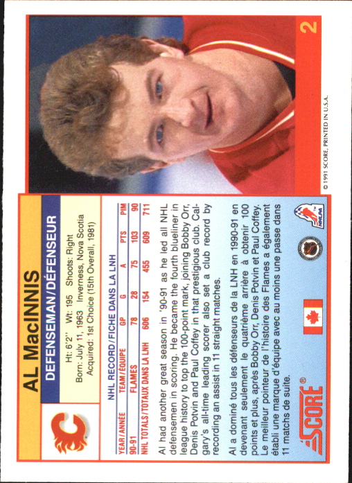 1991-92 Score Canadian Bilingual #2 Al MacInnis back image