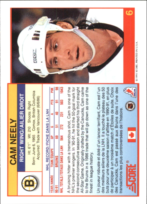 1991-92 Score Canadian Bilingual #6 Cam Neely back image
