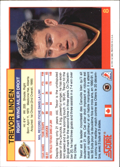 1991-92 Score Canadian Bilingual #8 Trevor Linden back image