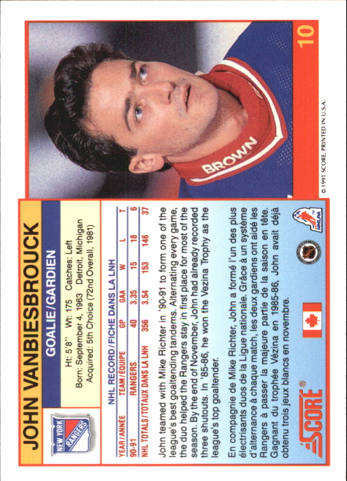 1991-92 Score Canadian Bilingual #10 John Vanbiesbrouck back image