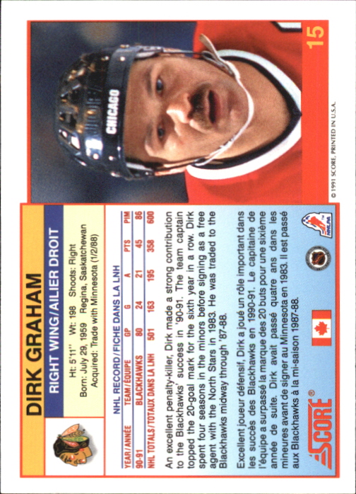 1991-92 Score Canadian Bilingual #15 Dirk Graham back image