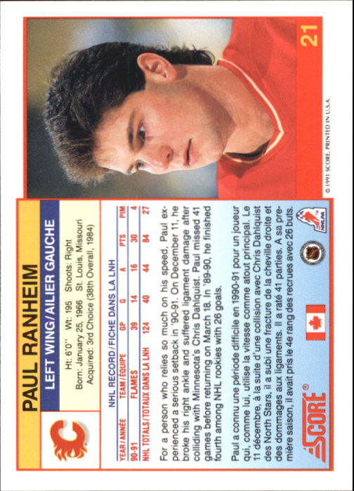 1991-92 Score Canadian Bilingual #21 Paul Ranheim back image