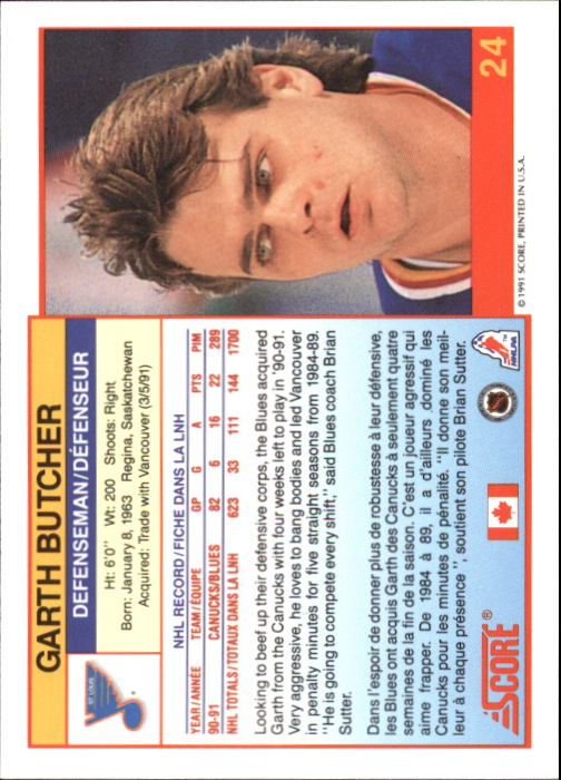 1991-92 Score Canadian Bilingual #24 Garth Butcher back image