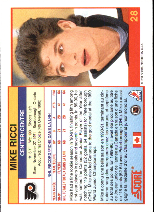 1991-92 Score Canadian Bilingual #28 Mike Ricci back image
