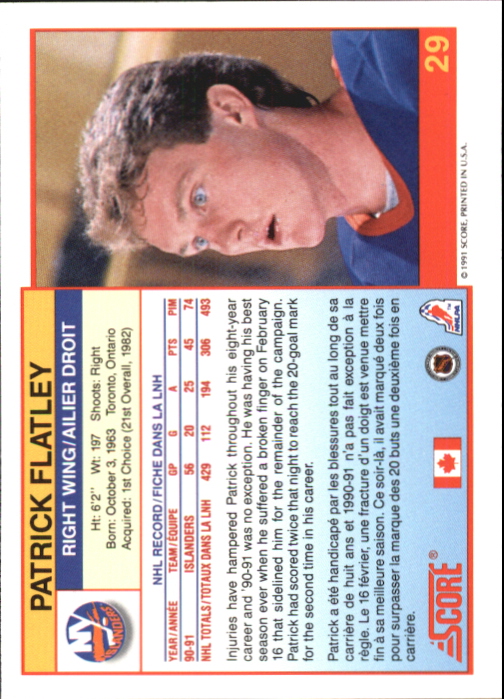 1991-92 Score Canadian Bilingual #29 Pat Flatley back image