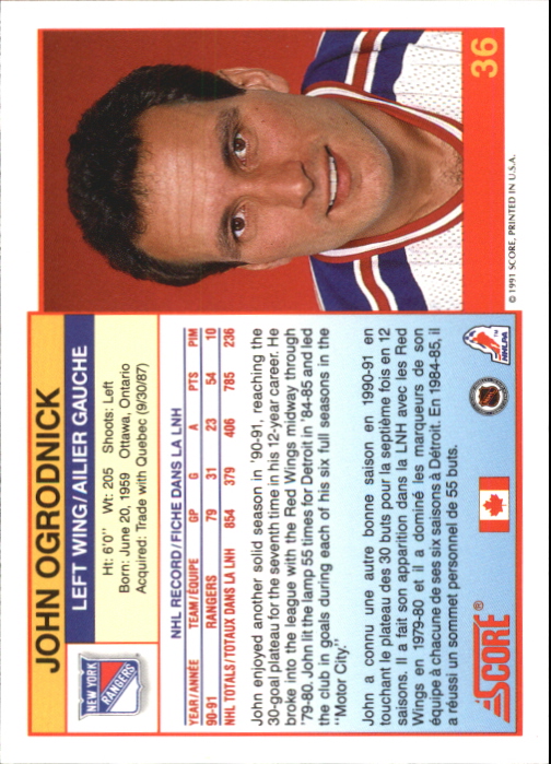 1991-92 Score Canadian Bilingual #36 John Ogrodnick back image