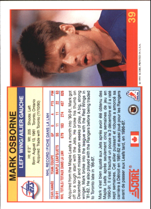 1991-92 Score Canadian Bilingual #39 Mark Osborne back image