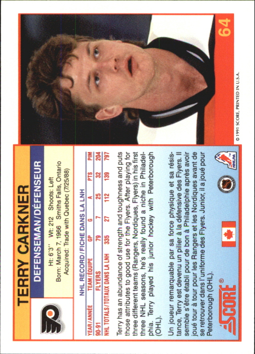1991-92 Score Canadian Bilingual #64 Terry Carkner back image