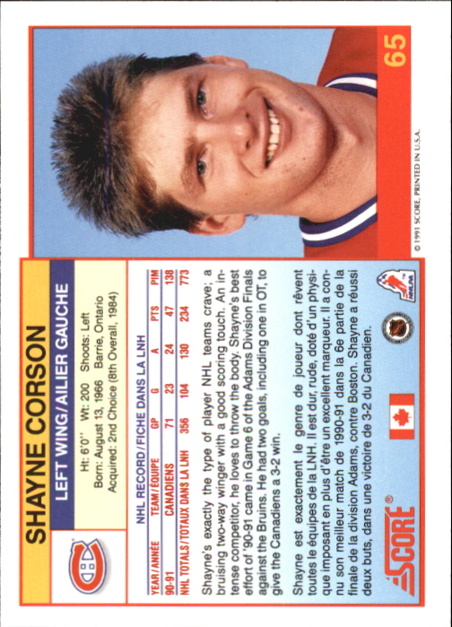 1991-92 Score Canadian Bilingual #65 Shayne Corson back image