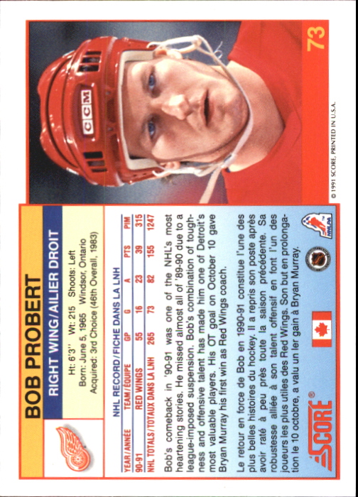 1991-92 Score Canadian Bilingual #73 Bob Probert back image