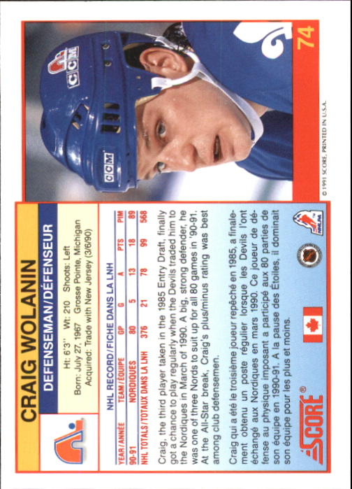 1991-92 Score Canadian Bilingual #74 Craig Wolanin back image