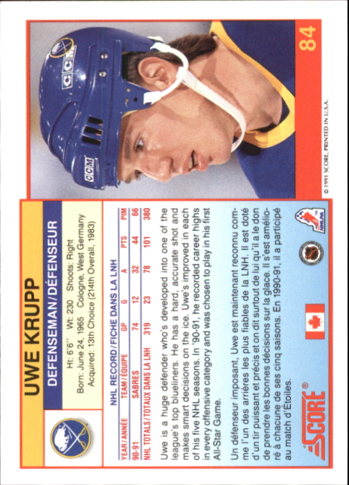 1991-92 Score Canadian Bilingual #84 Uwe Krupp back image