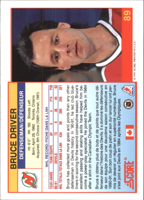 1991-92 Score Canadian Bilingual #89 Bruce Driver back image